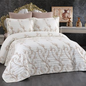 Alya Nakışlı Kapitone 3 Parça Yatak Örtüsü Takımı Bej