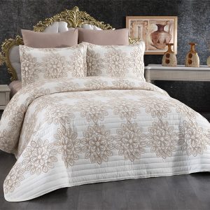Asya Nakışlı Kapitone 3 Parça Yatak Örtüsü Takımı Bej