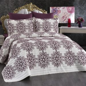 Asya Nakışlı Kapitone 3 Parça Yatak Örtüsü Takımı Mor