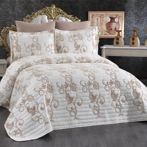 Azra Nakışlı Kapitone 3 Parça Yatak Örtüsü Takımı Bej