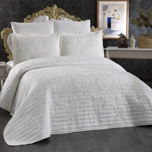 Azra Nakışlı Kapitone 3 Parça Yatak Örtüsü Takımı Krem